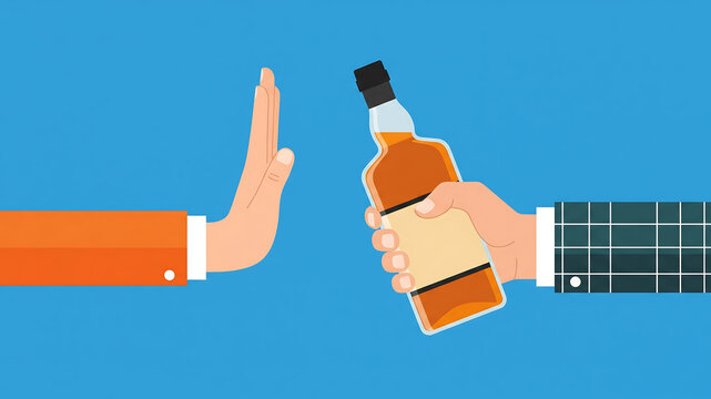 Say no to alcohol. Refusal to drink alcohol, hand gesturing stop to a bottle of liquor