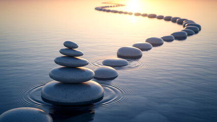 zen balance stone stack and path over tranquil water at sunset