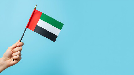 uae flag on blue background. hand holding united arab emirates flag against blue background