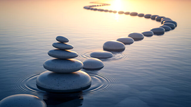 zen balance stone stack and path over tranquil water at sunset