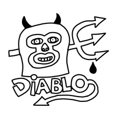 Weird Diablo character with horns and blood dripping trident