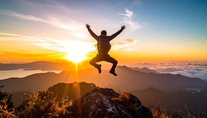 Silhouette of a person joyfully jumping on a mountain peak during a vibrant sunset with golden light and panoramic views