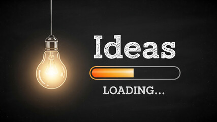 ideas loading lightbulb. creative ideas loading concept with glowing light bulb and progress bar on dark chalkboard background