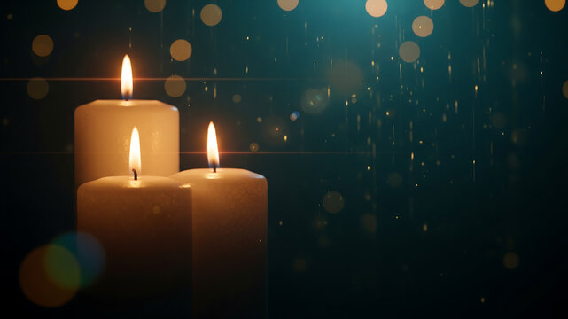 three candles with bokeh. three burning white pillar candles with warm flame on dark background with golden bokeh and light rays for christmas or memorial