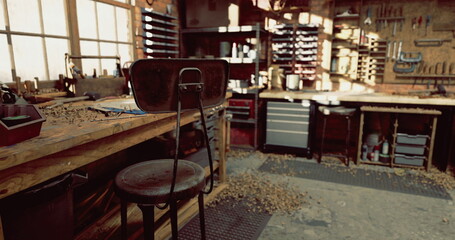 A cluttered workshop is filled with various woodworking tools, a workbench covered in shavings, and shelves stocked with materials. Natural light enters through large windows.
