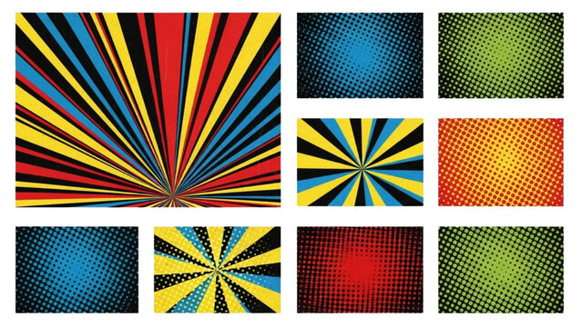 Abstract comic book backgrounds set with halftone pattern and radial rays