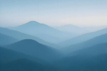 soft blue mountain silhouette with morning fog, calm serene mood