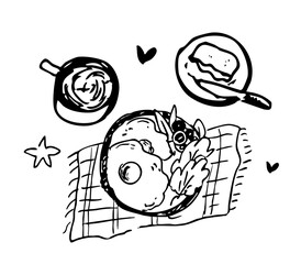 Cozy Breakfast Top View Doodle Collection. Overhead Eggs, Toast, and Coffee Table Setting. Outline Hand-Drawn Vector Illustration