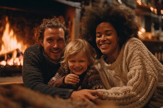 Happy multi ethnic family with a little son admiring of fire by the fireplace at home for Christmas