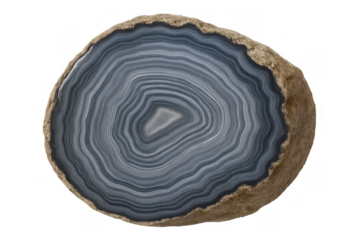 Blue agate geode slice displaying concentric layers and natural quartz crystal formation on transparent background