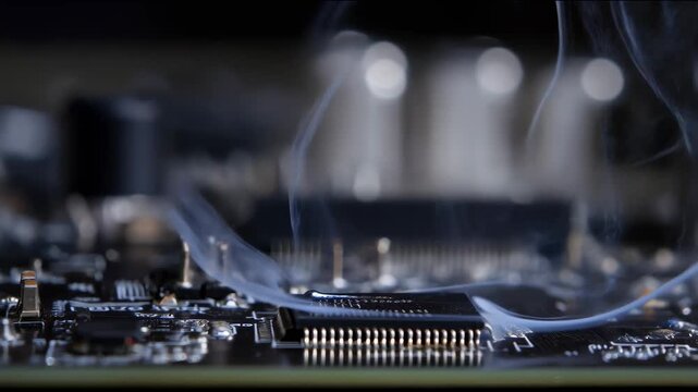 The soldering iron tip touches the chip pins on the circuit board, melting the contact and sending dense trails of smoke upward