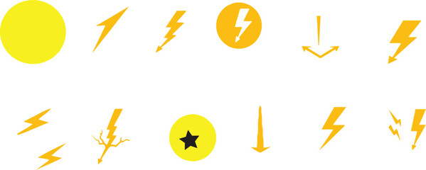 Lightning bolt and electric energy icon set in yellow color .