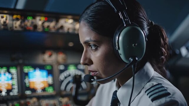 Close up of a professional female pilot wearing a headset and operating an aircraft from the cockpit, with the illuminated control panel and flight instruments visible in the background
