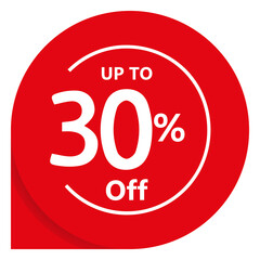 Up to 30 percent off promotional red circular badge design. Vector sticker for retail promotion, limited time offers, and super sales. Isolated PNG asset.
