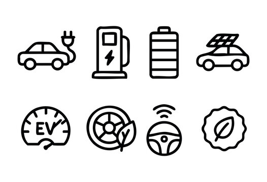 Icons depict essential elements of electric vehicles and sustainability, including charging stations, batteries, and eco-friendly features promoting clean energy use in transportation. - Powered by Adobe
