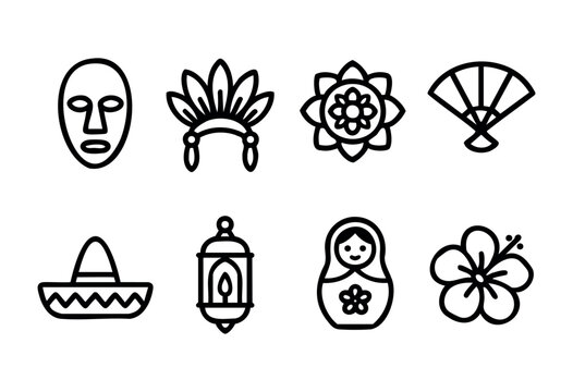 A collection of cultural symbols features an indigenous mask, floral designs, decorative fans, a sombrero, a lantern, a nesting doll, and a hibiscus flower in a simple, recognizable style.