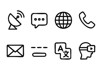 Different symbols illustrate methods of communication, including satellite dish, chat bubble, globe, phone, email, and virtual reality, showcasing the essence of modern connectivity.