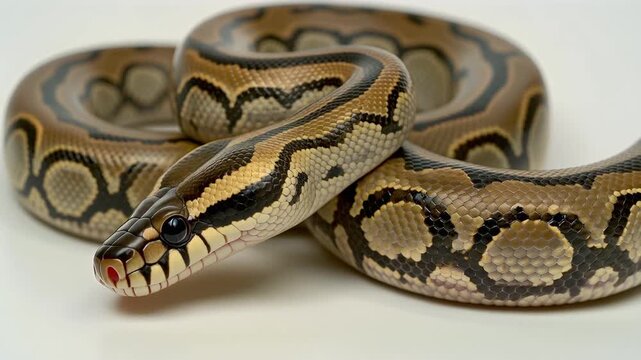 Close-up shot of a coiled brown and black patterned python snake with a white background.