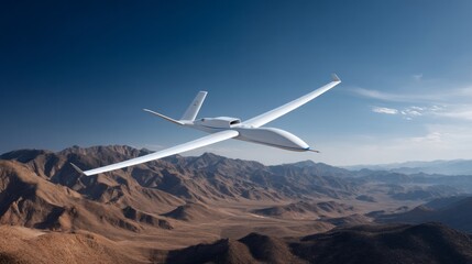 High above rugged mountains, a military drone glides seamlessly through the clear blue sky, gathering crucial intelligence and monitoring targets during operations