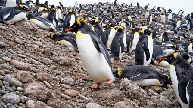 A Colony of King Penguins or gorfou macaroni Gathered on a Rocky Shoreline.