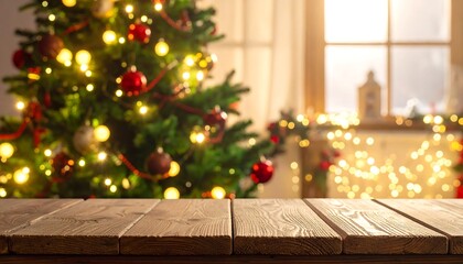 Festive holiday scene with a decorated tree, lights, and a wooden table in the foreground
