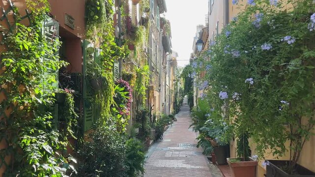 Narrow street in the Old town of Antibes, France