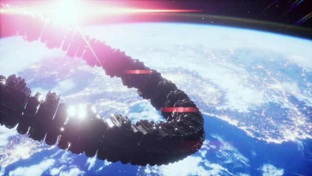 Highly detailed huge spaceship approaching to the Earth elements furnished by nasa