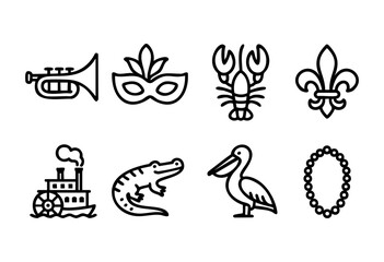 Fototapeta premium Collection of symbols showcasing New Orleans culture, featuring a trumpet, lobster, mask, and local wildlife like a pelican and alligator, highlighting the city's vibrant traditions.
