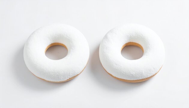 Two donuts with white icing on a plain background