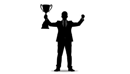 Silhouette of suited figure holding aloft trophy, arms raised in victory pose on plain background