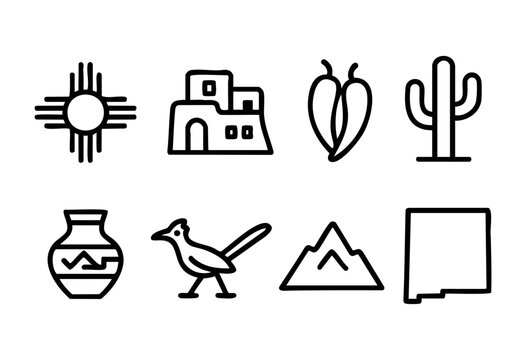 Various symbols depict the rich culture and natural beauty of New Mexico, including traditional pots, a roadrunner, mountains, and iconic desert plants, all set against a clear backdrop.