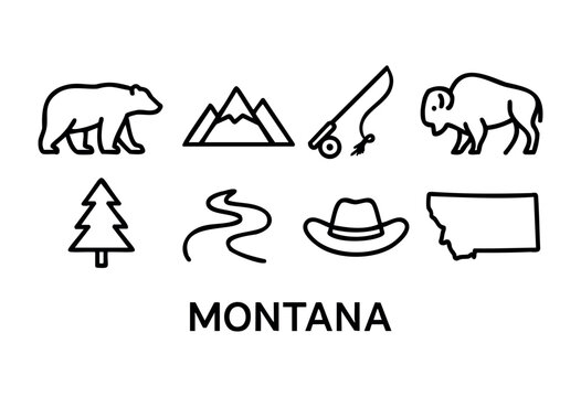 This creative graphic showcases the essence of Montana with symbols representing its wildlife, landscapes, and activities, including bears, bison, and mountains, all labeled clearly.