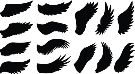 Vector collection of bird and angel wing silhouettes, feather shapes, black flying fantasy elements, heaven freedom symbols, graphic design illustration set