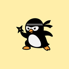 A cute ninja penguin cartoon character holding a throwing star, featuring bold outlines and playful expression