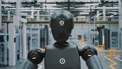 Close Up of Android Face, Robotics and Machine Vision in Industry. Androids Head and Torso, Showing Its Sensor Eyes, Standing in Active Factory Environment. Machine Vision and Advanced Robotics Design