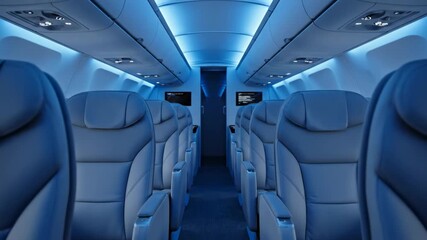 Modern airplane cabin interior with empty rows of seats, blue ambient lighting and sleek design conveying futuristic, luxurious comfort for business and leisure travel