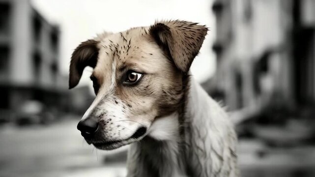 lonely sad street dog sit outside animation
