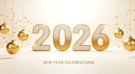Elegant Golden 2026 New Year's Greeting Card Background with Festive Baubles and Glittering Confetti for Celebrations