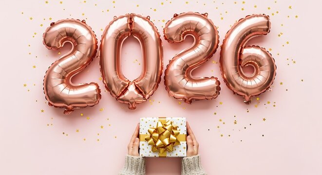 2026 Rose Gold Number Balloons and a Gift Box with a Bow, Celebrating New Year or an Anniversary