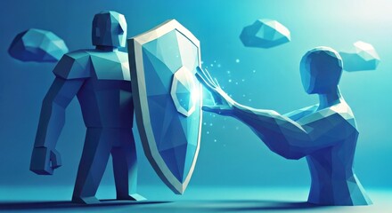 Digital Security Concept Low Poly Wireframe Blue Shield Icon