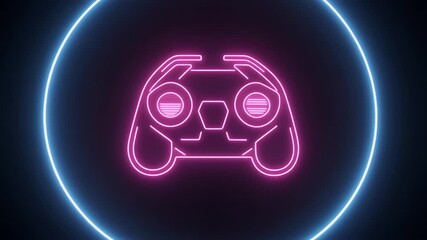 A neon pink outline of a futuristic game controller glowing inside a vibrant blue circular light frame on a dark background, representing gaming and technology. - Powered by Adobe