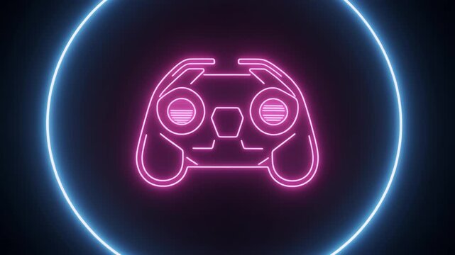 A neon pink outline of a futuristic game controller glowing inside a vibrant blue circular light frame on a dark background, representing gaming and technology.
