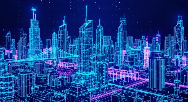 Futuristic Smart City Panorama Digital Polygonal Tech Buildings