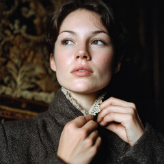 Woman in vintage coat with lace indoors, thoughtful expression