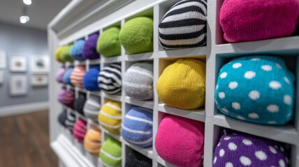 Colorful socks neatly arranged on a shelf in a retail store