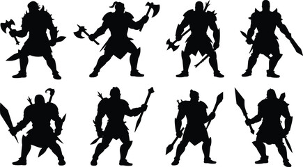 Vector collection of fantasy warrior silhouettes, barbarian fighter with axe and sword, ancient soldier illustration, black mythical character for game design