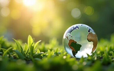 2410_142.transparent earth sphere reflecting sunlight, medical instrument on verdant meadow, bokeh effect on foliage, eco-friendly healthcare symbolism, shallow depth of field, vibrant nature colors,