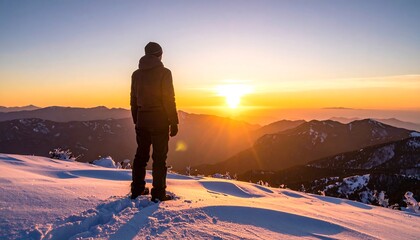 Silhouette stands on snow-capped peak at sunrise, overlooking mountain range bathed in warm, golden light