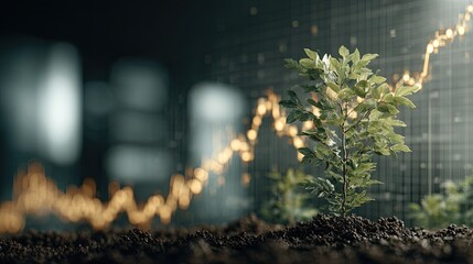 A young plant grows in soil against a blurred background of financial graphs, symbolizing growth and sustainability in the economy.