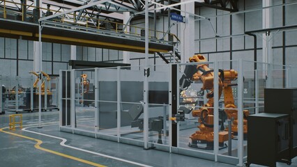 Organized Production Hall For High Precision Goods. Futuristic, Clean Industrial Hall Dedicated High Precision Manufacturing. Concept of Clear Demarcation and Automated Machinery For Quality Results.